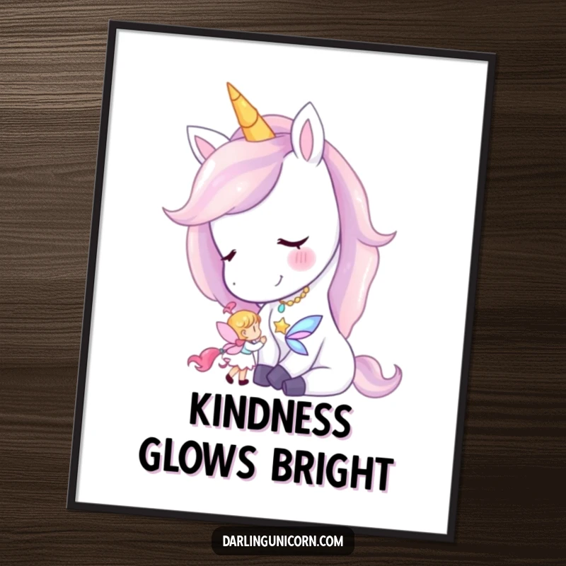 Funny poster illustrating a unicorn’s gentle smile as it nuzzles a tiny, ethereal fairy.