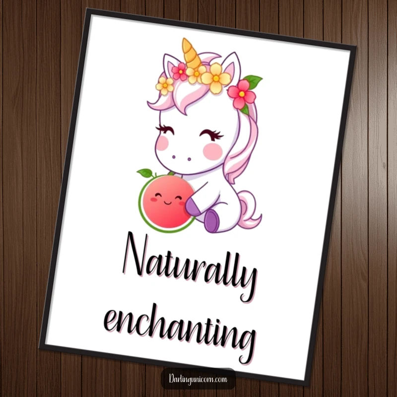 Funny poster art of a cute unicorn with a flower crown nibbling a vibrant magical fruit, capturing a moment of sweet delight.
