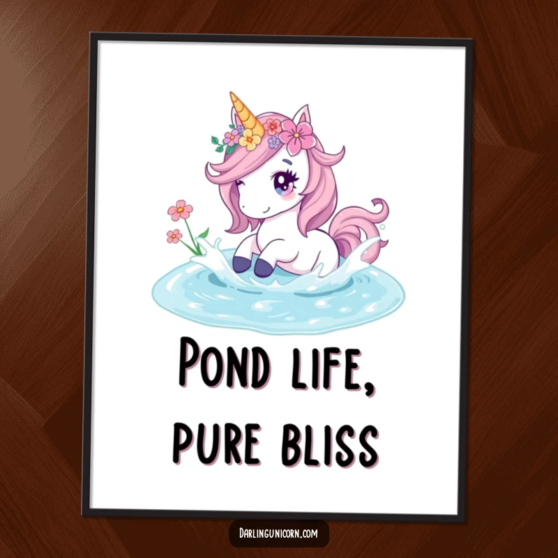 Funny poster showcasing a unicorn adorned with flowers playfully splashing in a clear pond, creating a serene and magical scene.
