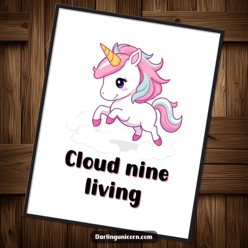 Funny unicorn galloping poster featuring a joyful unicorn with a sparkling mane, soaring through clouds, perfect wall art.