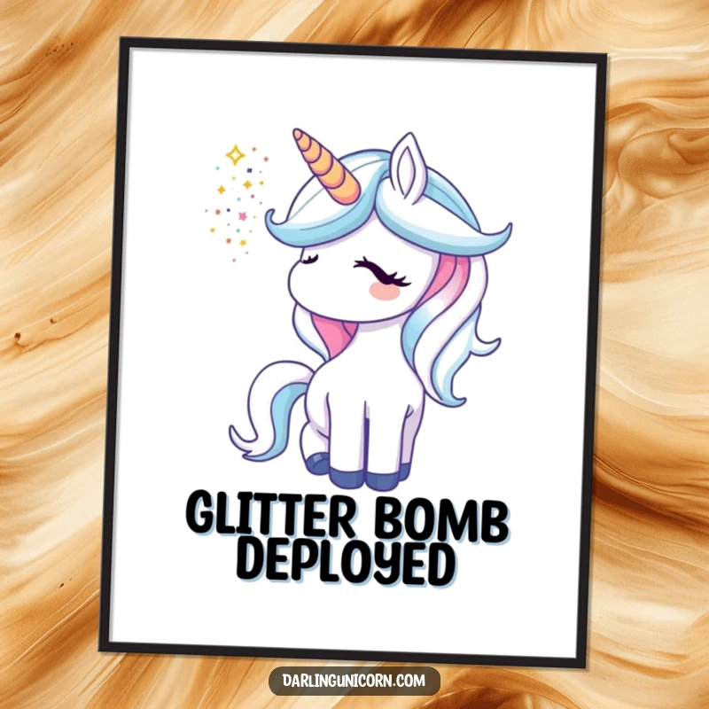 Funny unicorn poster showcasing a magical unicorn releasing a vibrant cascade of glitter from its horn.