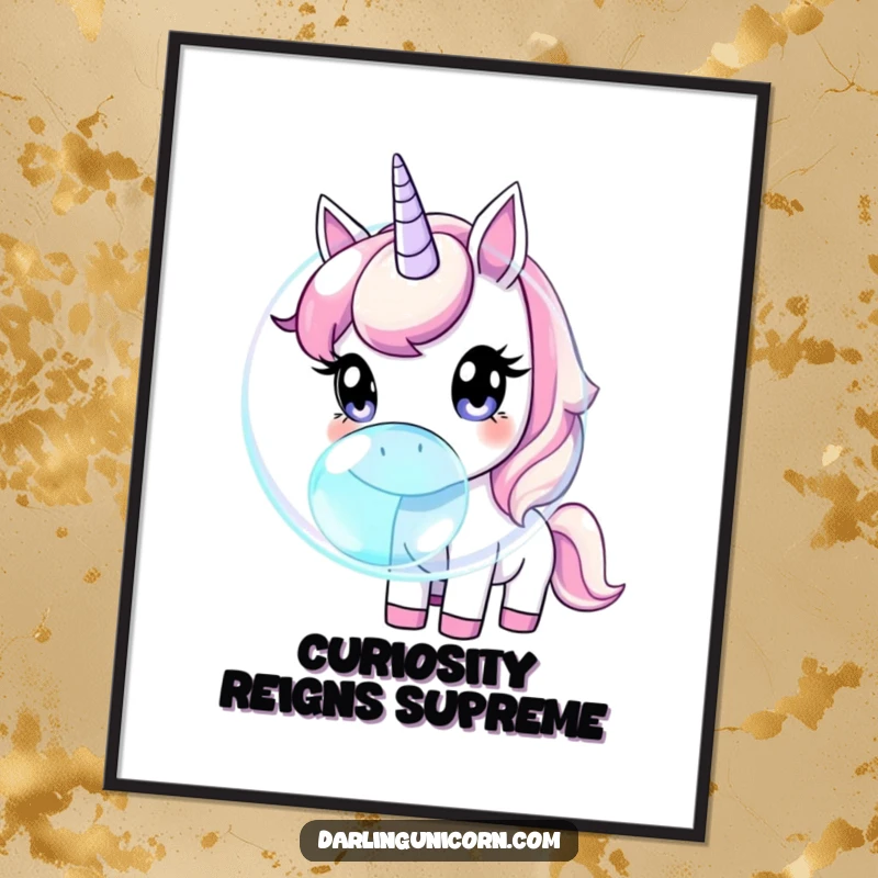 Funny unicorn with wide, curious eyes sniffing a large, shimmering iridescent bubble, creating a scene of gentle wonder.
