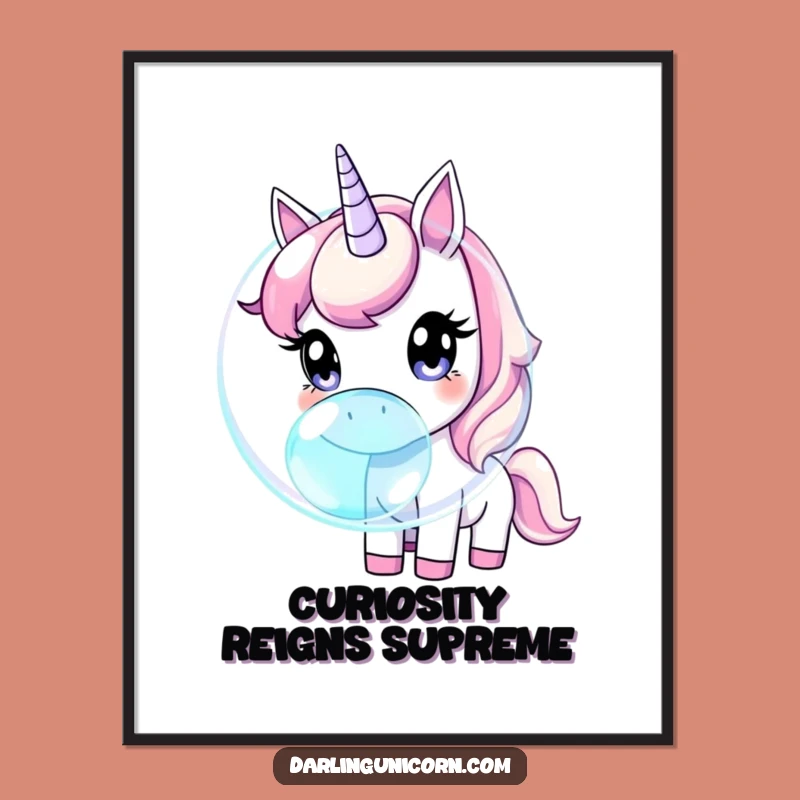 Funny Unicorn Poster: Curious Eyes Sniffing Iridescent Bubble, Wall Art Gift