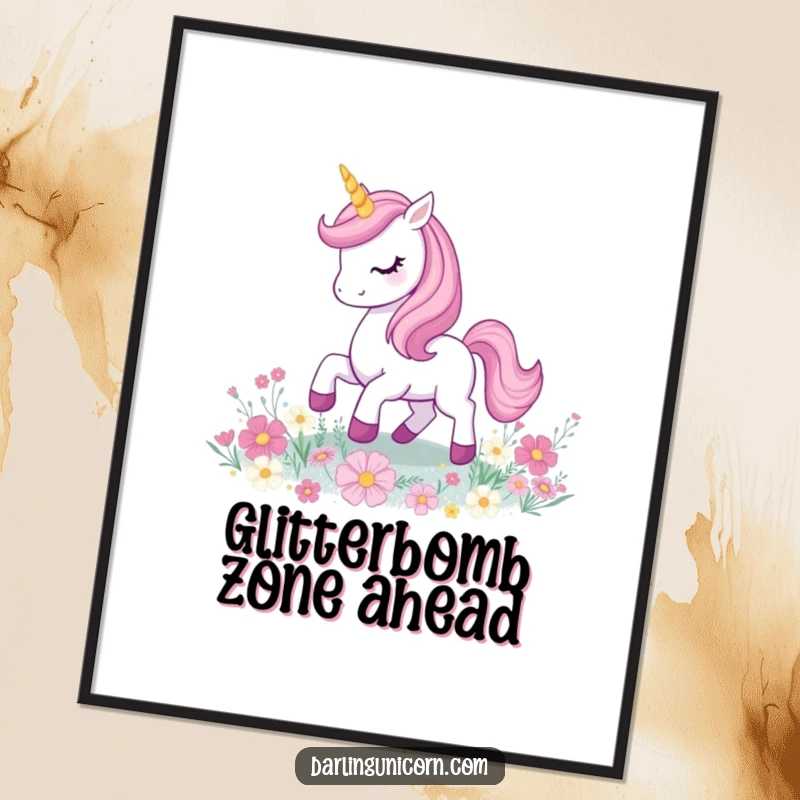 Funny unicorn prancing with a glowing horn on a field of dazzling glitter flowers, creating a magical atmosphere.