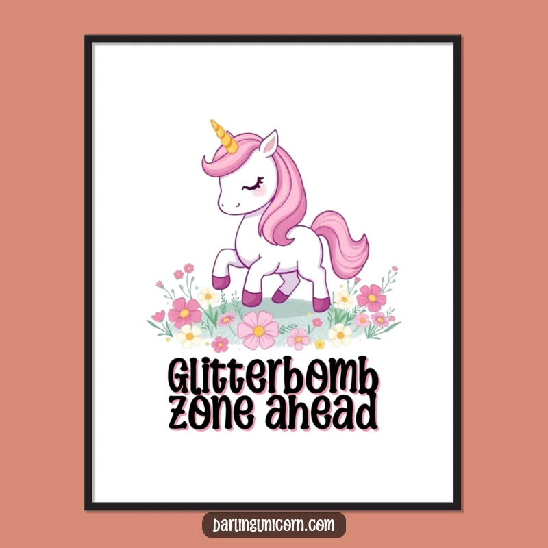 Funny Unicorn Poster: Prancing on Glitter Flowers, Magical Wall Art Gift