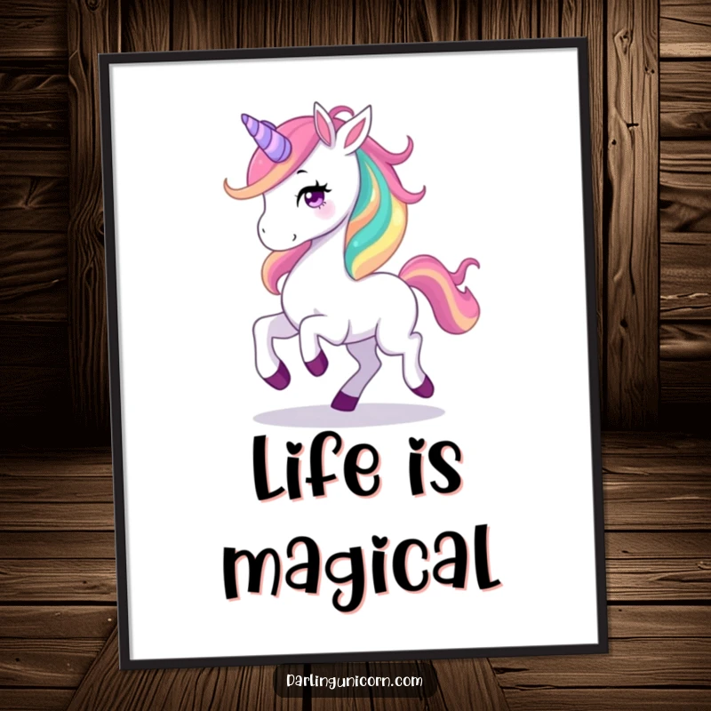 Funny poster art of a graceful unicorn joyfully prancing, its rainbow mane a spectacular cascade of color, bringing magic to walls.