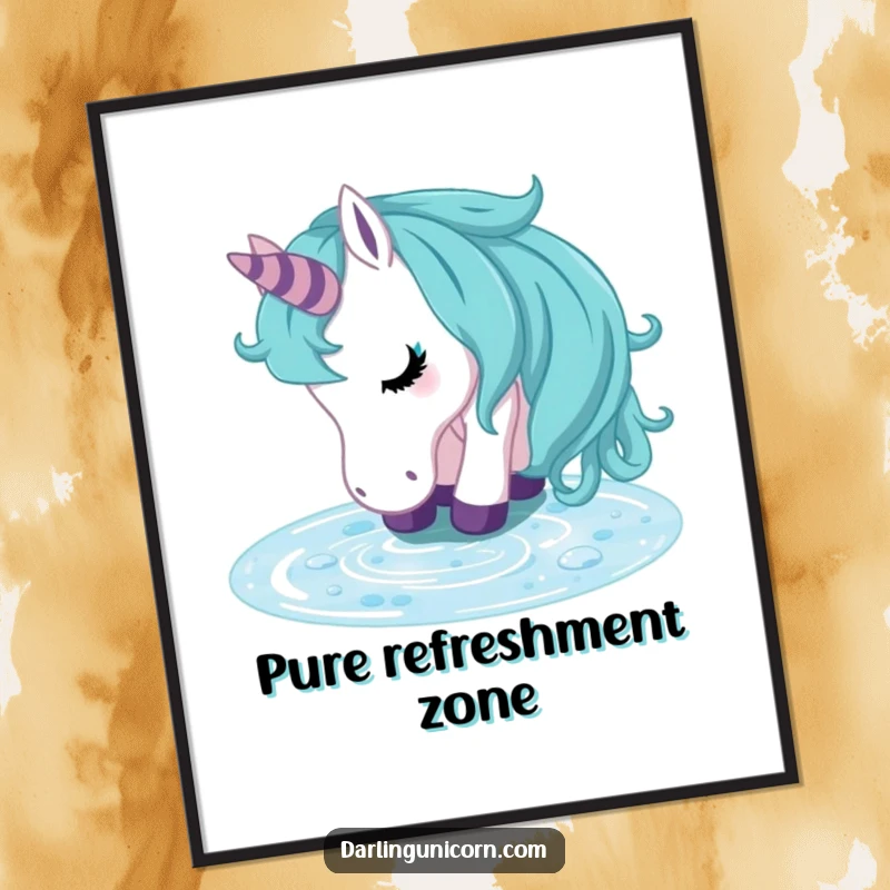 Funny unicorn poster illustrating a unicorn looking refreshed while drinking from a clear, sparkling stream, symbolizing peace and natural beauty.