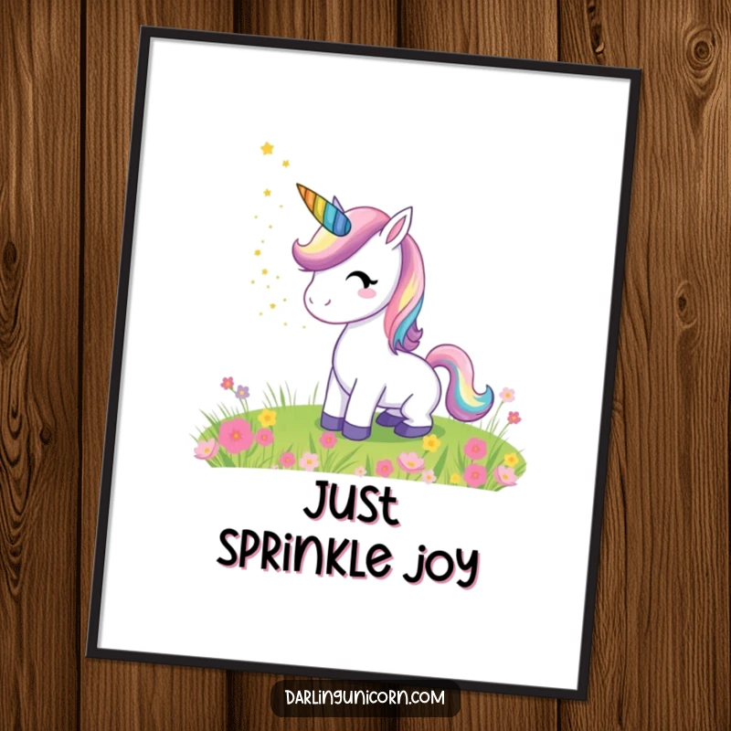 Funny poster displaying a majestic unicorn with a rainbow horn showering glittering stardust over a serene meadow, ideal fantasy wall decor.
