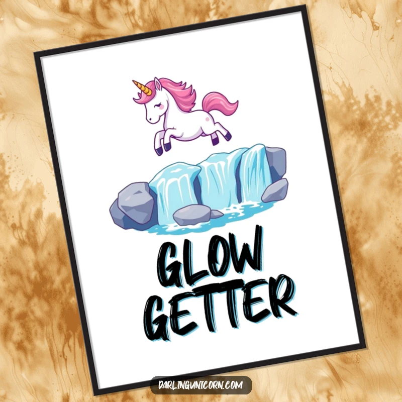 Funny Kawaii Unicorn Poster: An enchanting unicorn with an aglow horn gracefully leaps over a shimmering waterfall, radiating magic.