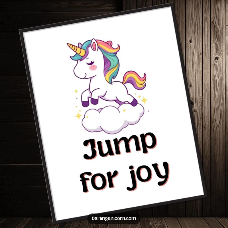 Funny poster art of a cute unicorn with a rainbow mane joyfully leaping over a sparkling cloud, bringing magical cheer.
