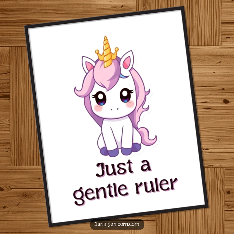 Funny poster print of a gentle unicorn with wide eyes balancing a tiny crown on its horn, looking adorably regal and sweet.