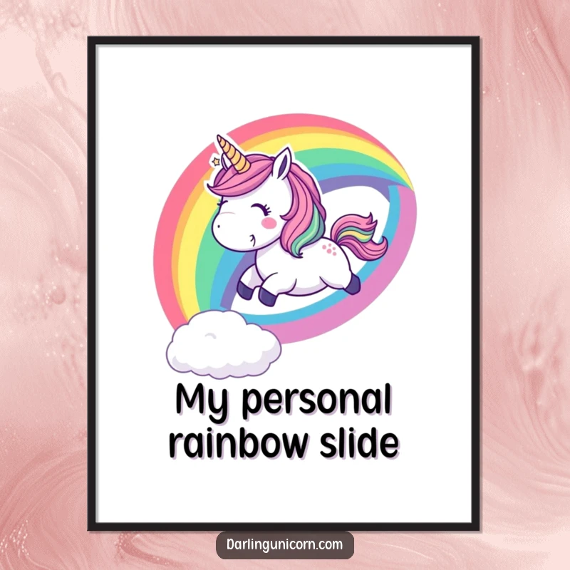 Funny poster of a playful unicorn sliding down a vibrant rainbow with a cheerful whoop, bringing a burst of joy and color.