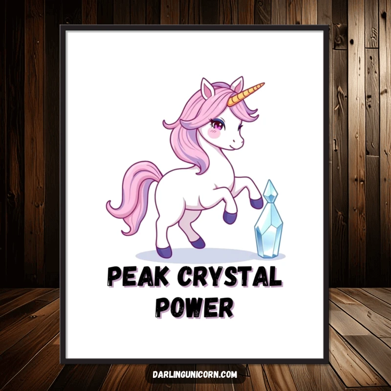 Funny poster print of a unicorn with a flowing tail gracefully touching a radiant crystal, symbolizing magical connection and elegance.
