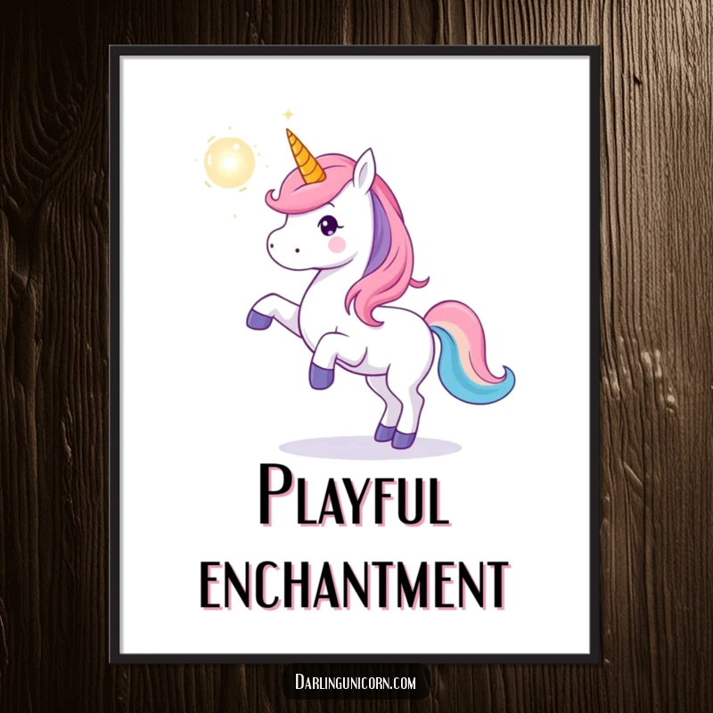 Funny unicorn poster showing a unicorn playfully tossing a radiant, shimmering magical orb, capturing a moment of pure fantasy and fun.