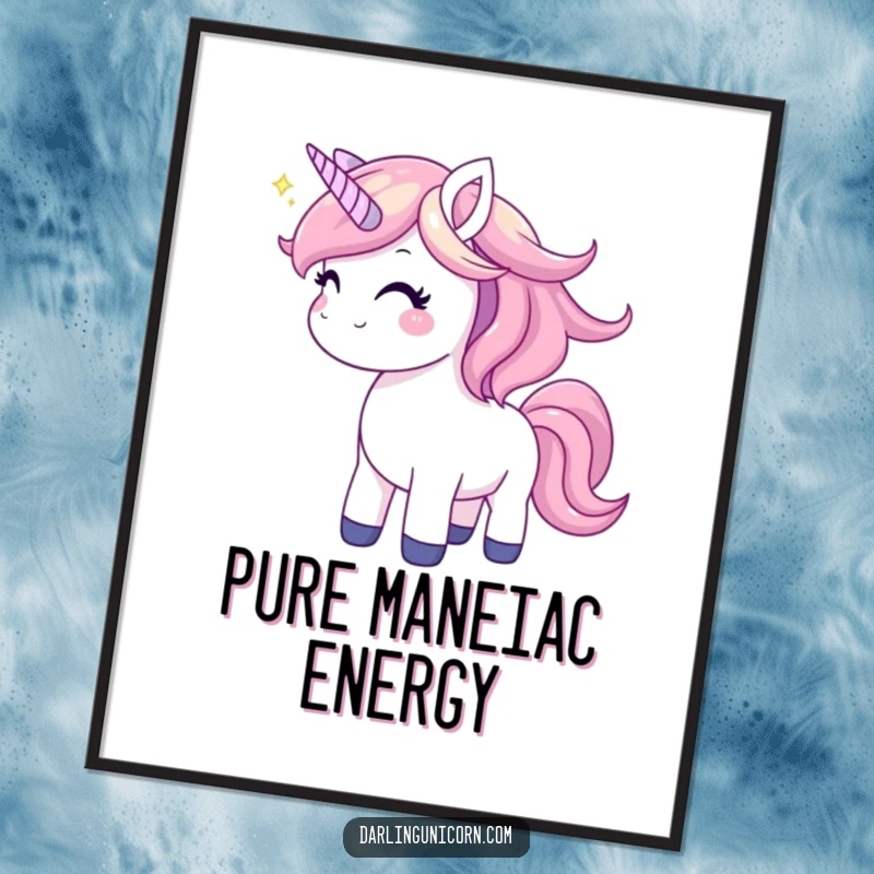 Funny unicorn poster depicting a joyful unicorn gleefully tossing its shimmering mane, radiating positive, magical, and happy energy.