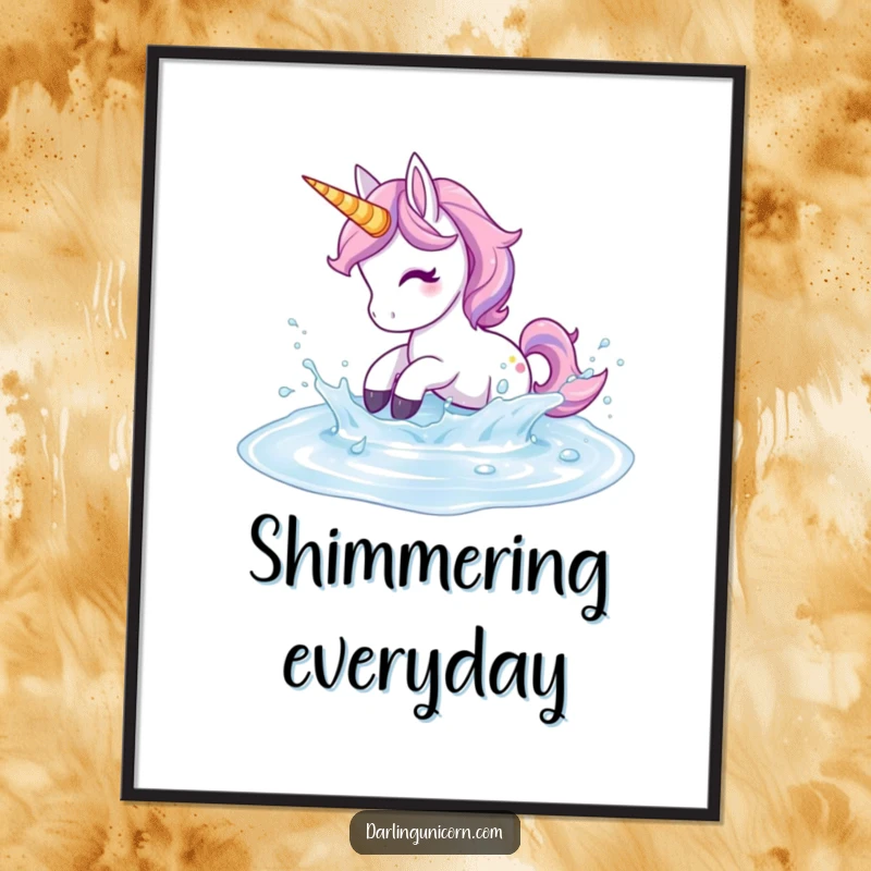 Funny Unicorn Poster: A unicorn playfully splashes in shimmering liquid, bringing energetic fun to wall decor.