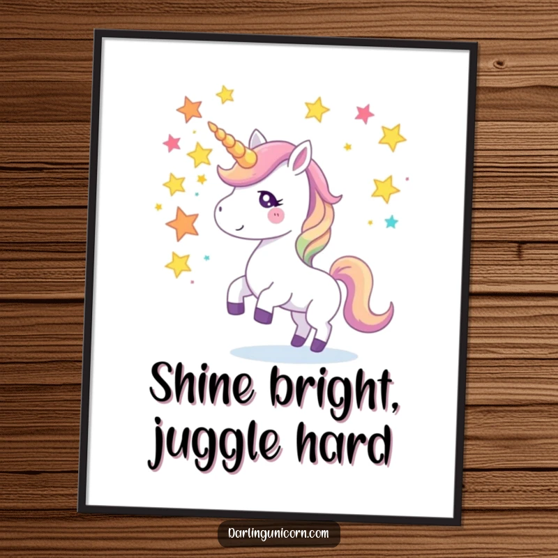 Funny poster of a unicorn juggling colorful star fragments with its horn, creating a dynamic and magical visual spectacle.