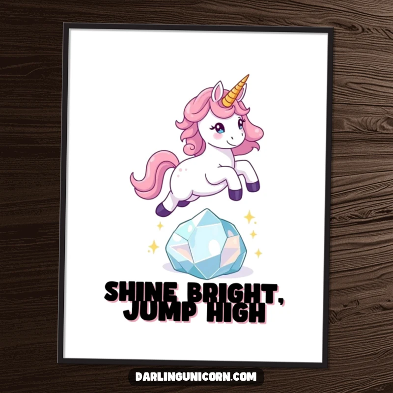 Funny unicorn poster depicting a playful unicorn mid-leap over a radiant, sparkling crystal, full of dynamic energy.