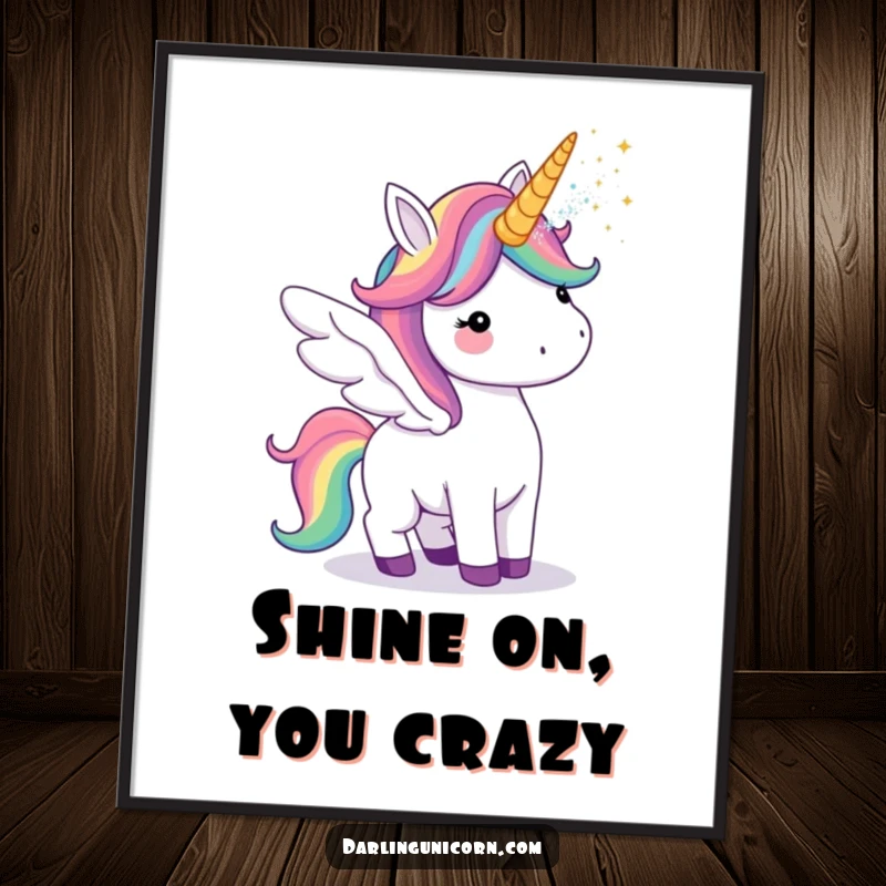 Funny poster displaying a unicorn with rainbow wings, joyfully blowing a stream of glitter from its horn, spreading delight.