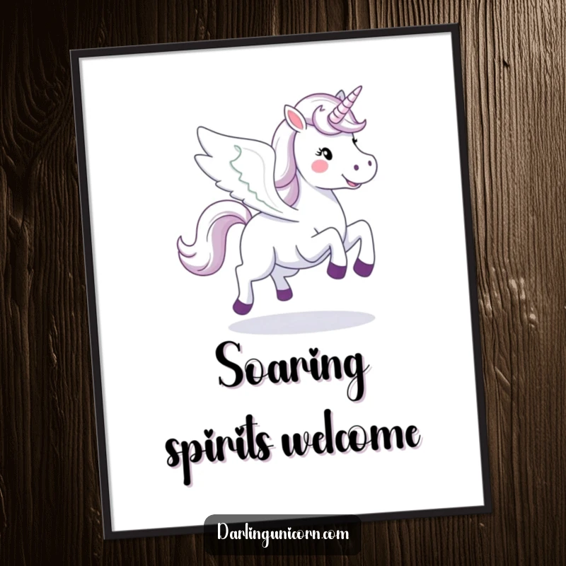 Funny happy unicorn with expansive wings unfurled, galloping dynamically across a vibrant, inspiring wall art print.