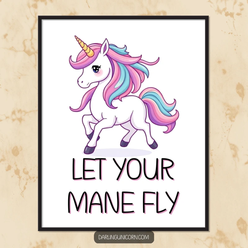 Funny poster of a prancing unicorn with its mane flowing like a vibrant waterfall, capturing movement, color, and majestic beauty.