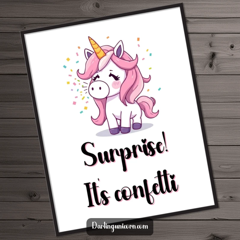 Funny surprised unicorn mid-sneeze, releasing a dazzling explosion of colorful confetti on a vibrant wall art print.