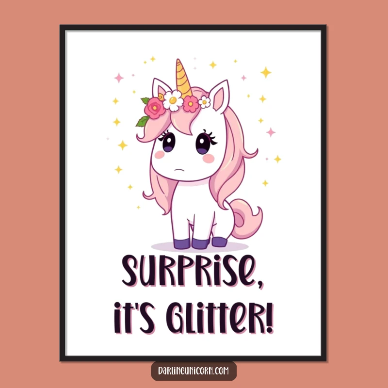 Funny Unicorn Poster: Surprised Stardust Fall, Flower Crown Art Gift