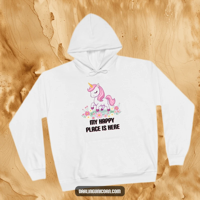 Funny unicorn prancing with a glowing horn on a field of sparkling glitter flowers, perfect for cozy enchantment.