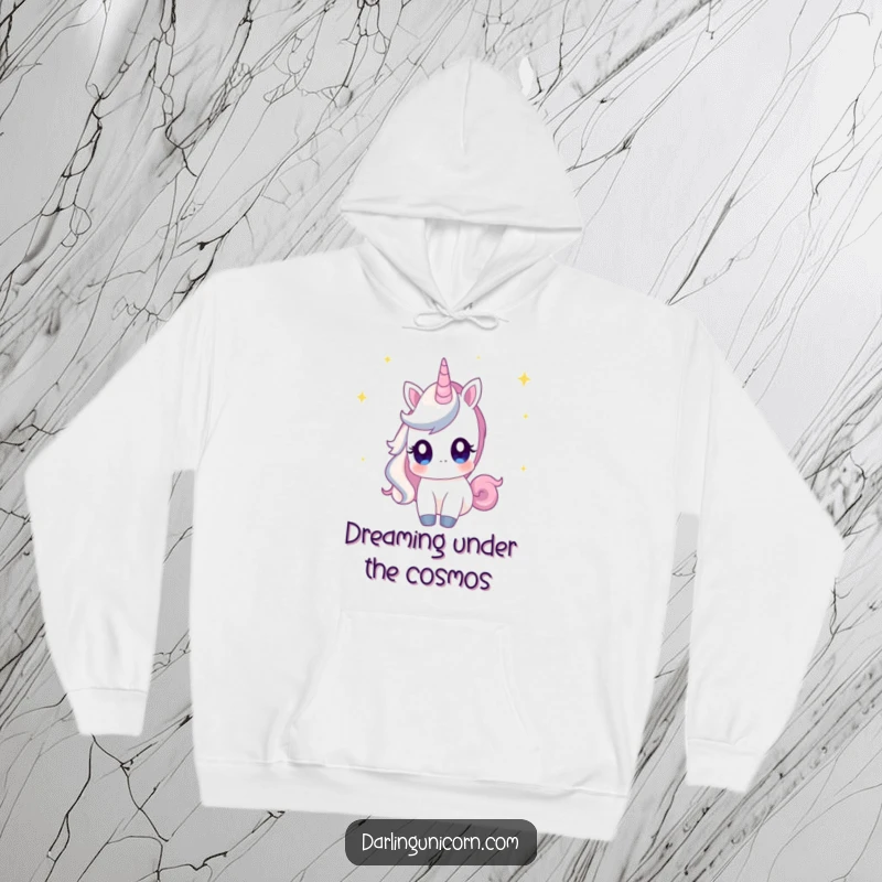 Funny hoodie depicting a unicorn with wide, curious eyes, gazing at a magical night sky filled with shooting stars.