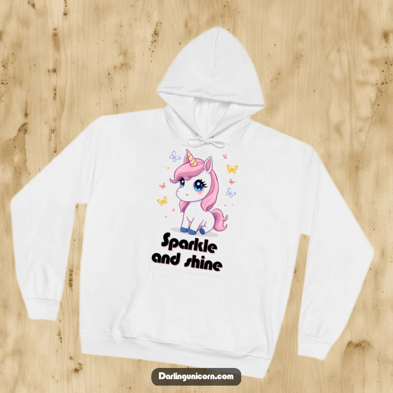 Cute hoodie featuring a unicorn with innocent eyes watching butterflies flutter, offering warmth and a touch of magical charm.
