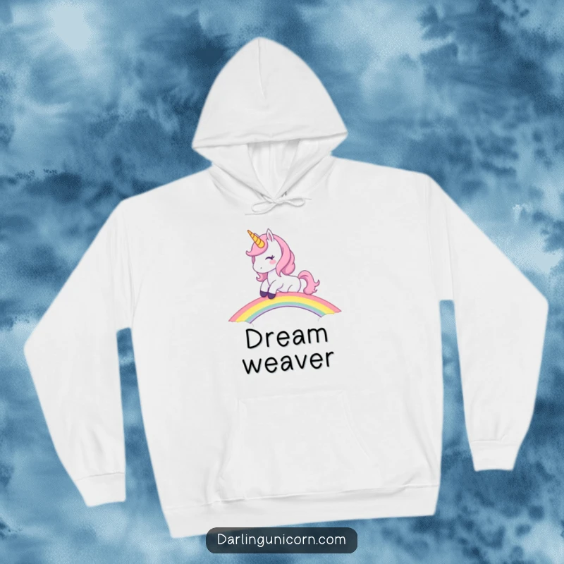 Funny Unicorn Hoodie: Mischievous unicorn riding a rainbow bridge, a warm and magical hoodie for cozy enchantment.