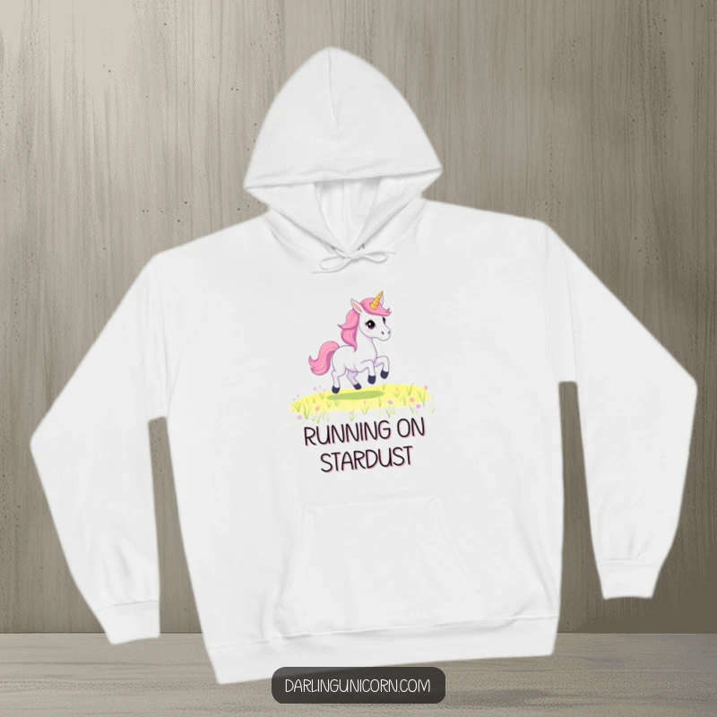 Funny Hoodie showcasing a unicorn with a luminous starry mane, captured mid-gallop through a mystical, star-filled field.