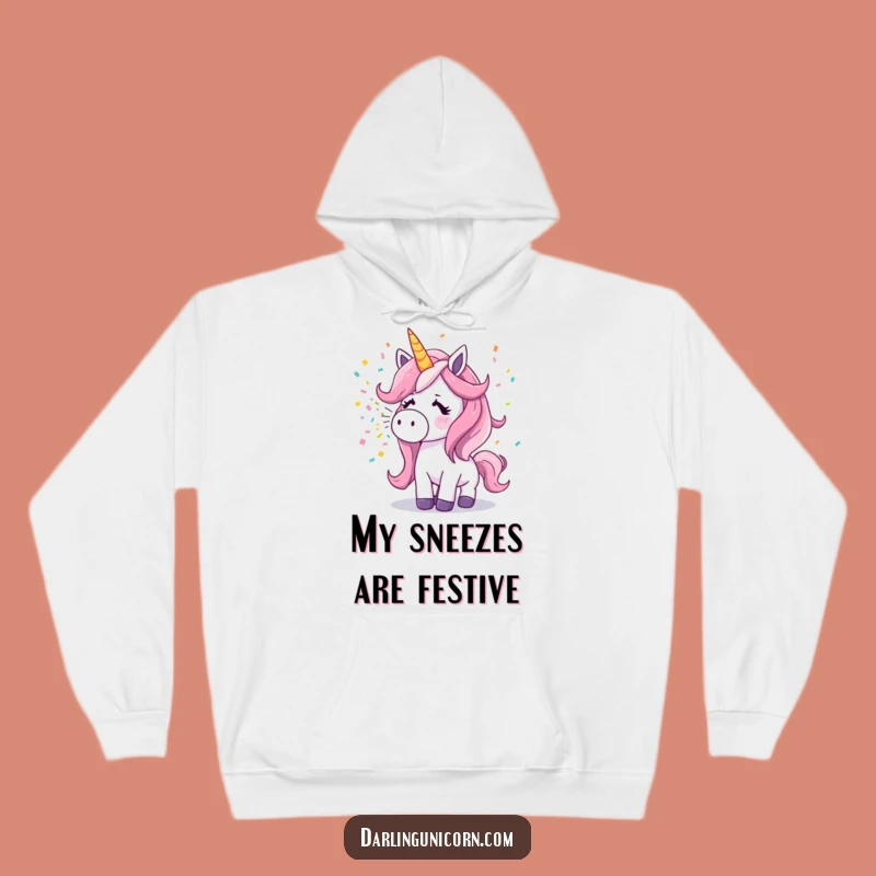 Funny Surprised Unicorn Hoodie: Sneezing Confetti, Cozy & Festive Wear