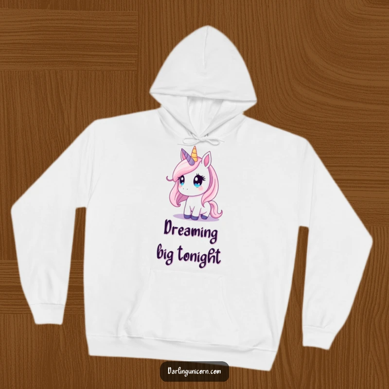 Funny unicorn hoodie showing a magical unicorn with dreamy eyes gazing into a beautiful, star-filled night sky.