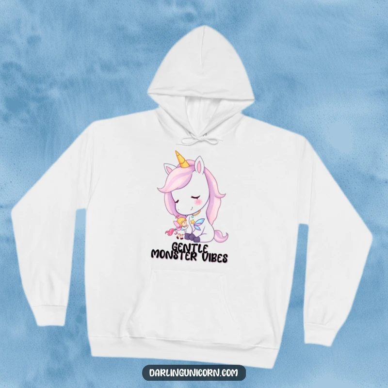 Funny hoodie featuring a unicorn tenderly nuzzling a tiny fairy, embodying warmth and magical companionship.