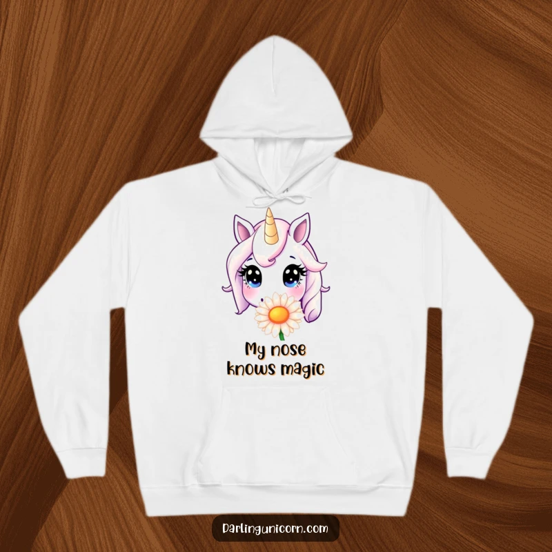 Funny Hoodie: A cute unicorn with innocent eyes sniffs a massive daisy, expressing a moment of sweet, humorous wonder.