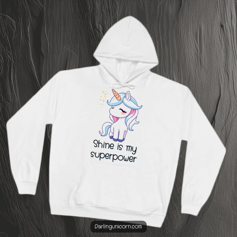 Funny unicorn hoodie showing a magical unicorn releasing a glorious shower of glitter from its horn.