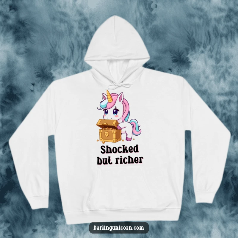Funny hoodie showcasing a surprised unicorn stumbling upon a chest brimming with golden treasures.