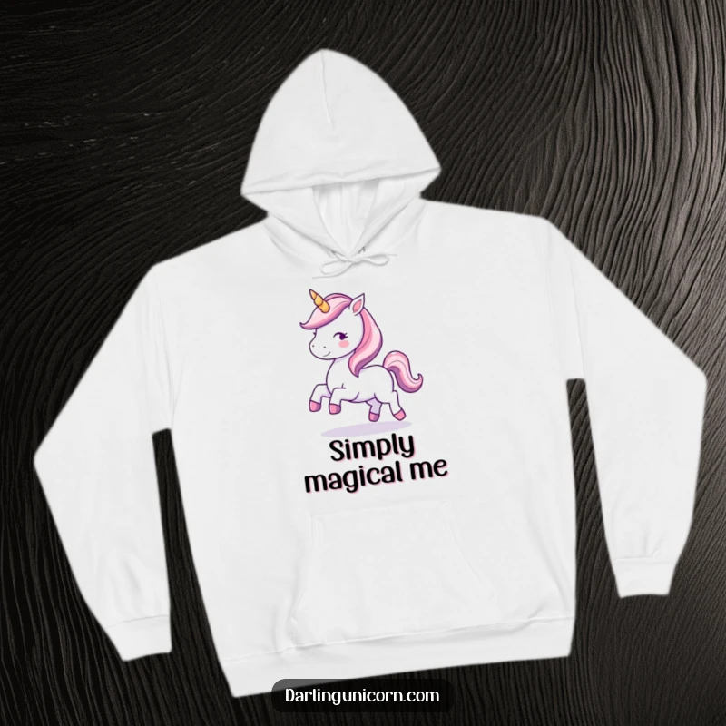 Funny, cozy hoodie featuring a kawaii unicorn with a sparkling horn, joyfully prancing with magical charm.