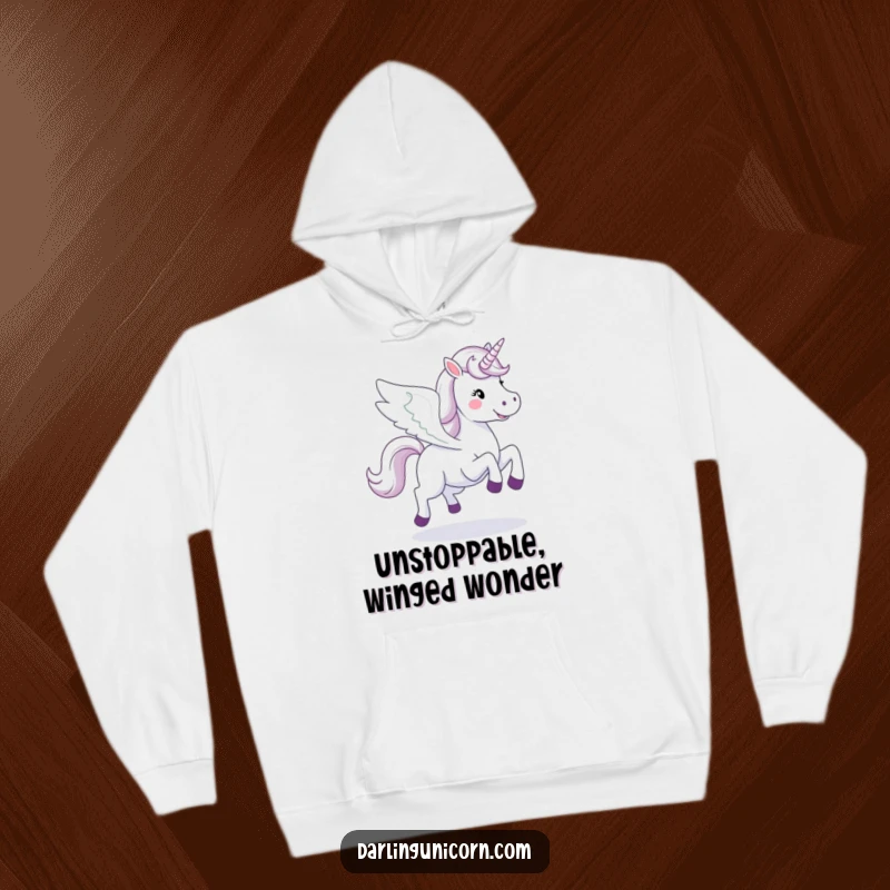 Funny happy unicorn with large, spread wings, galloping majestically on a soft and warm hoodie.