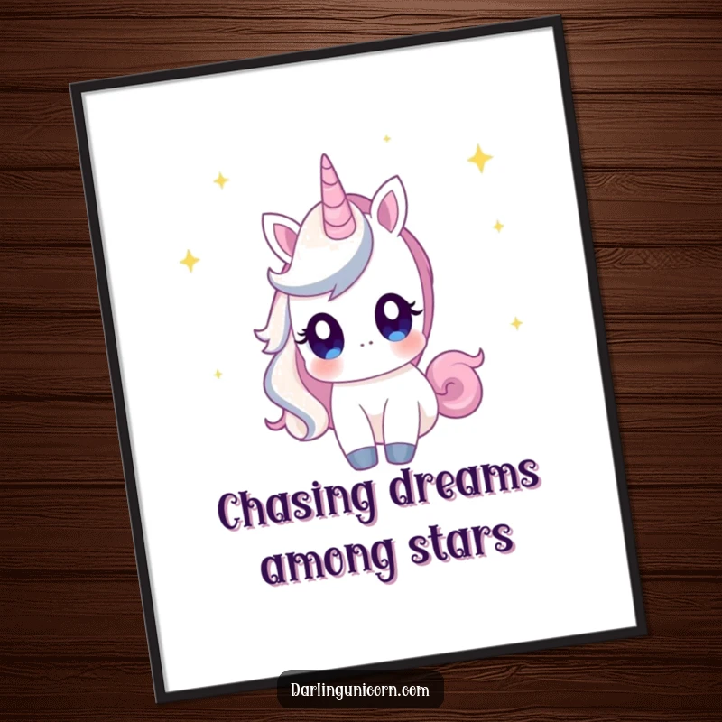 Funny Free Printable Wall Art: Unicorn with wide, curious eyes gazing at shooting stars, a whimsical dreamscape.