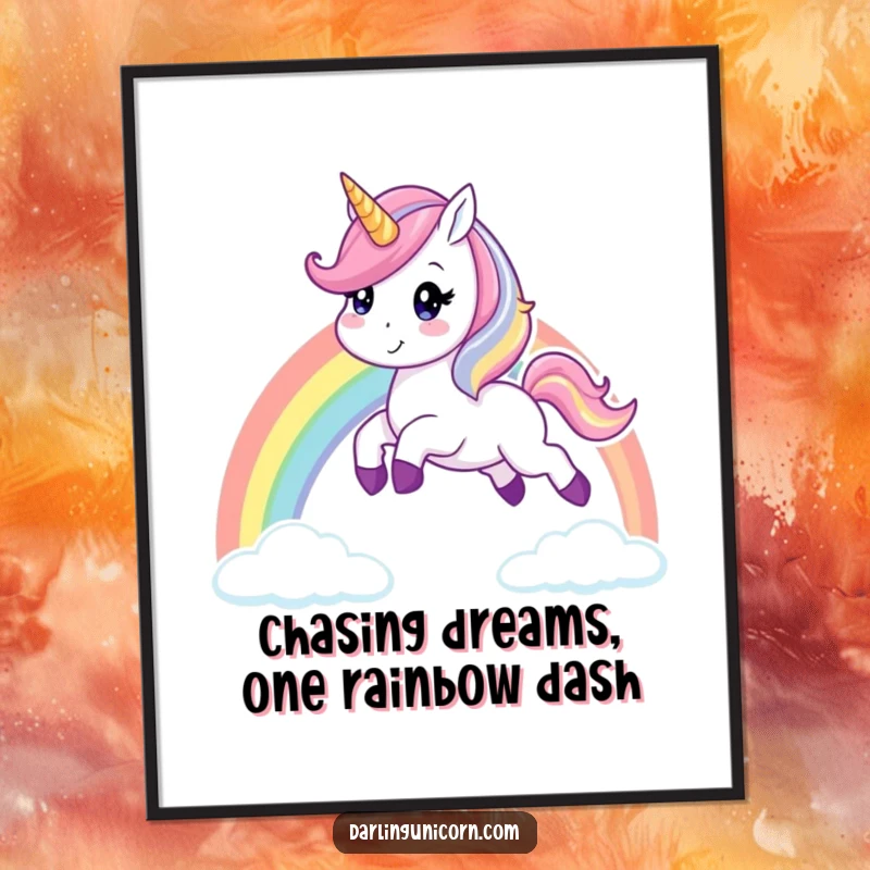 Funny Free Printable Wall Art: A happy unicorn leaps energetically over a colorful rainbow, bringing joy to any room.