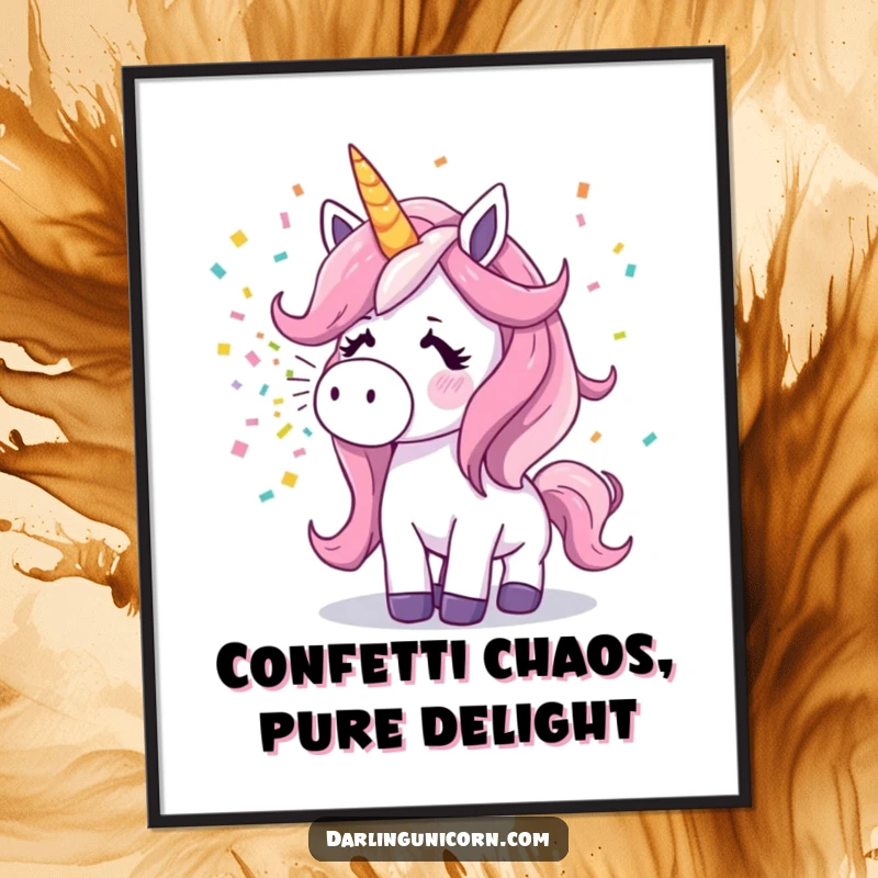Funny Free Printable Wall Art: A surprised unicorn sneezing a spectacular explosion of colorful confetti, full of life.