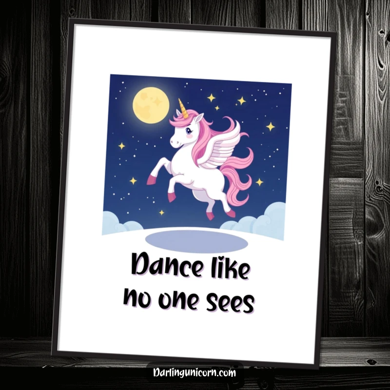 Funny Free Printable Wall Art: A unicorn gracefully, yet wobblily, pirouettes beneath a canopy of twinkling stars.