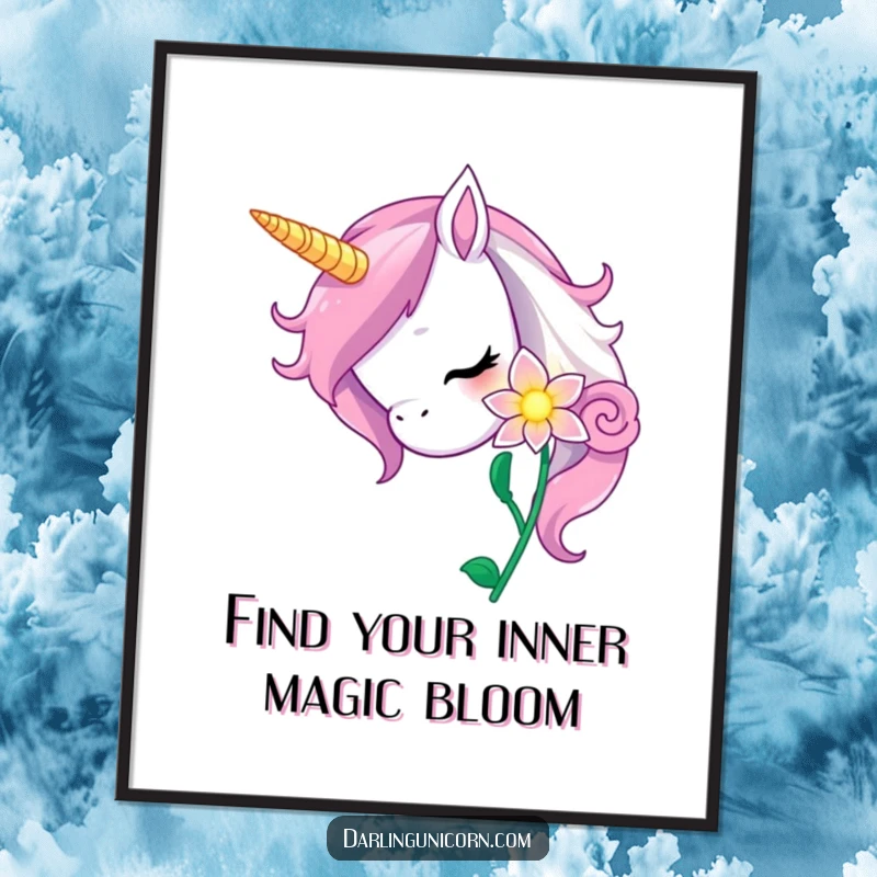 Funny Free Printable Wall Art of a curious unicorn nuzzling a magically glowing flower, perfect for adding wonder and charm.