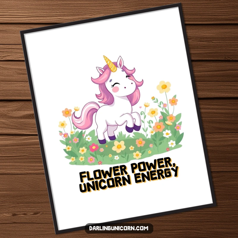 Funny Free Printable Wall Art: A unicorn with sheer joy galloping through a magical field filled with glowing flowers.