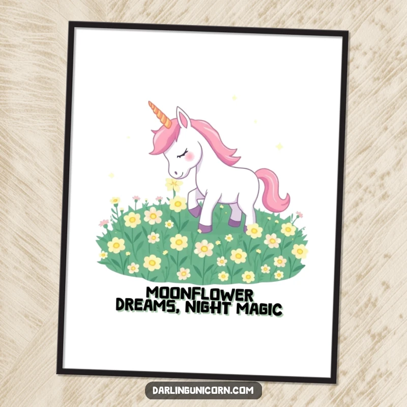 Funny Free Printable Wall Art: A unicorn playfully nuzzling a field of softly glowing moonflowers in a peaceful scene.