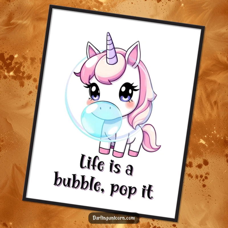 Funny Free Printable Unicorn Wall Art: Curious unicorn with wide eyes sniffing a giant iridescent bubble, whimsical decor.