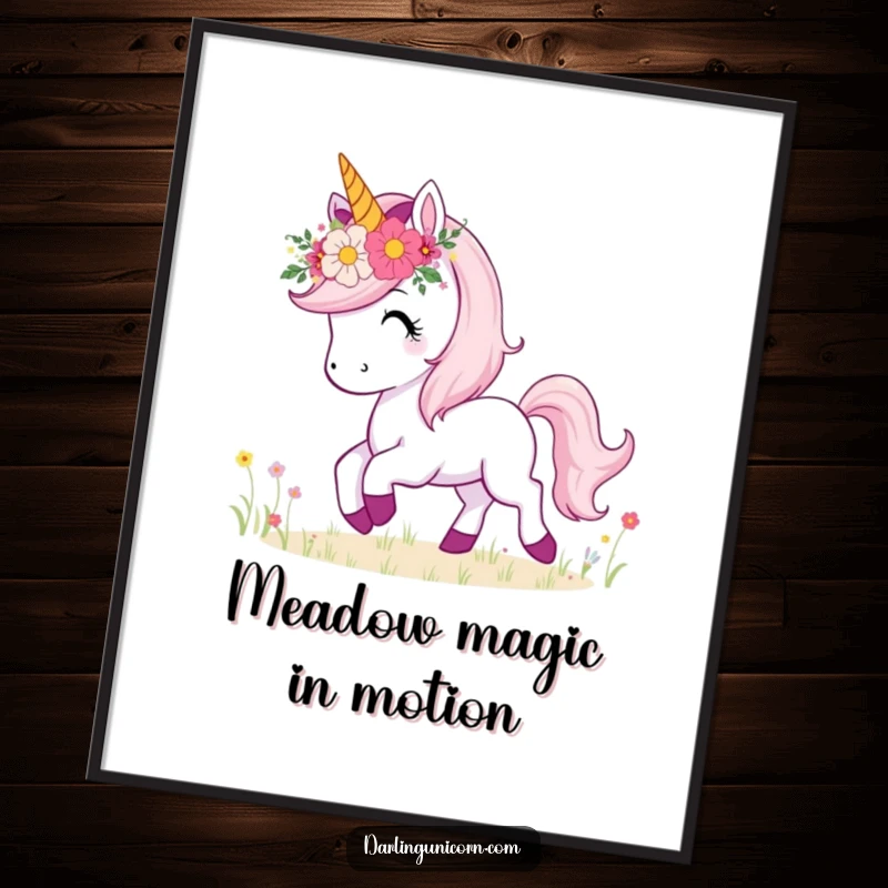 Funny Free Printable Wall Art: Unicorn with flower crown prancing happily in a meadow, a serene and joyful piece.