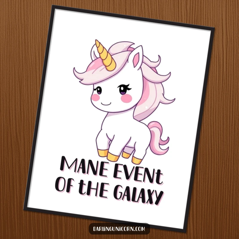 Funny Free Printable Unicorn Wall Art: Happy unicorn with a smiling face, tossing a shimmering, starry mane, joyful decor.